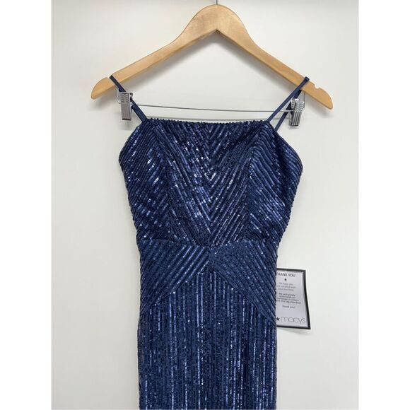 Emerald Sundae Sequined Gown Size Medium Dark Blue Adjustable Straps Side Slit - Picture 4 of 9